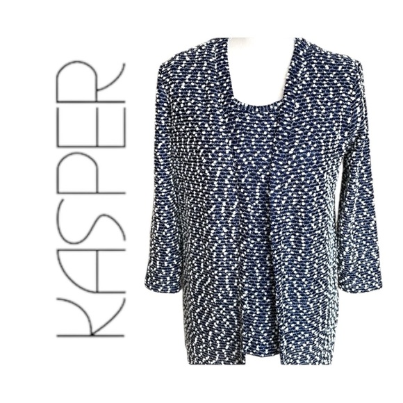 Kasper Sweater TwinSet Navy White Belted Open Front Cardi & Shell Tank Slub Knit - Picture 2 of 15